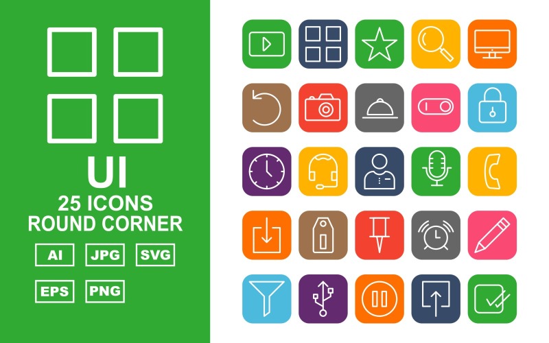 Download Набор иконок "25 Premium UI Round Corner Pack Icon Set" / 25 Premium UI Round Corner Pack Icon Set - Набор иконок на тему data play,help,pause,comment,stop,printe,rewind,compass,menu,bookmark,search,monitor,restart,camera,dish,toggle,lock,clock,man,record