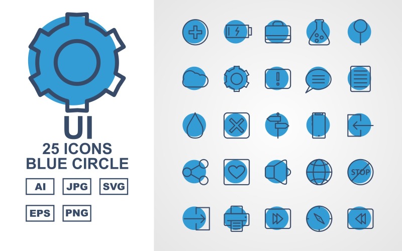 25 set di icone cerchio blu dell'interfaccia utente premium