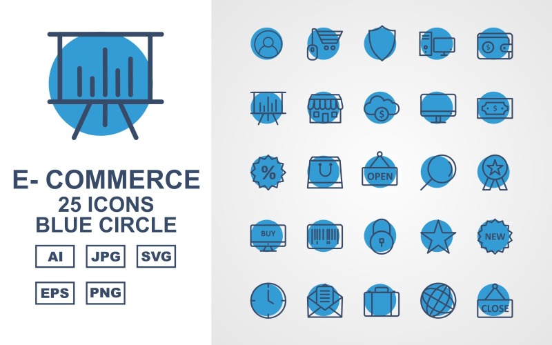 25 Set di icone del cerchio blu di e-commerce premium
