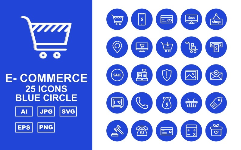 25 Set di icone del cerchio blu di e-commerce premium