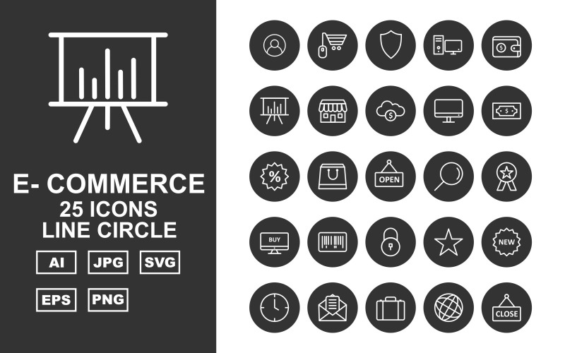 25 Set di icone del cerchio della linea di commercio elettronico premium