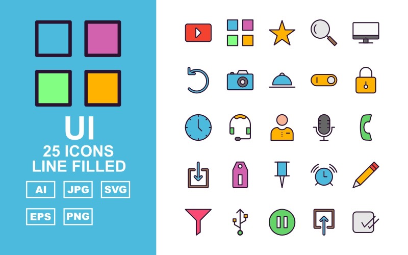 25 set di icone del pacchetto riempito di linea UI Premium