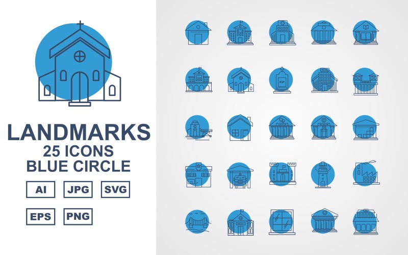 Conjunto de ícones de círculo azul de 25 edifícios premium e pontos de referência