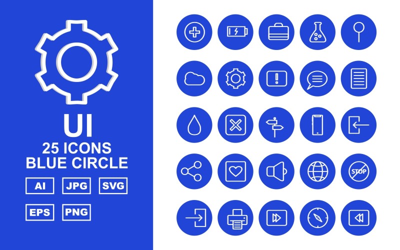 Conjunto de ícones de círculo azul de 25 UI Premium