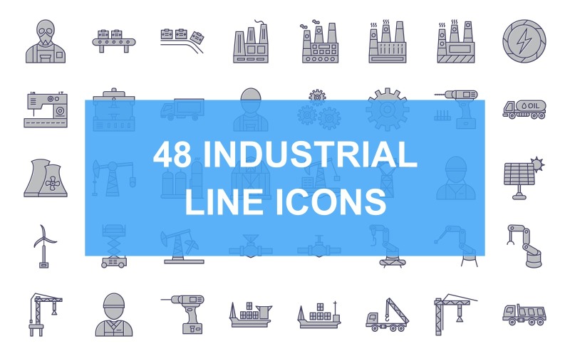 48 Conjunto de ícones preenchidos de linha de processo industrial