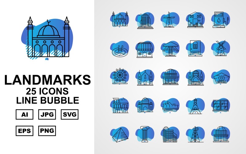 Conjunto de iconos de paquete de burbujas de línea de edificios y puntos de referencia premium