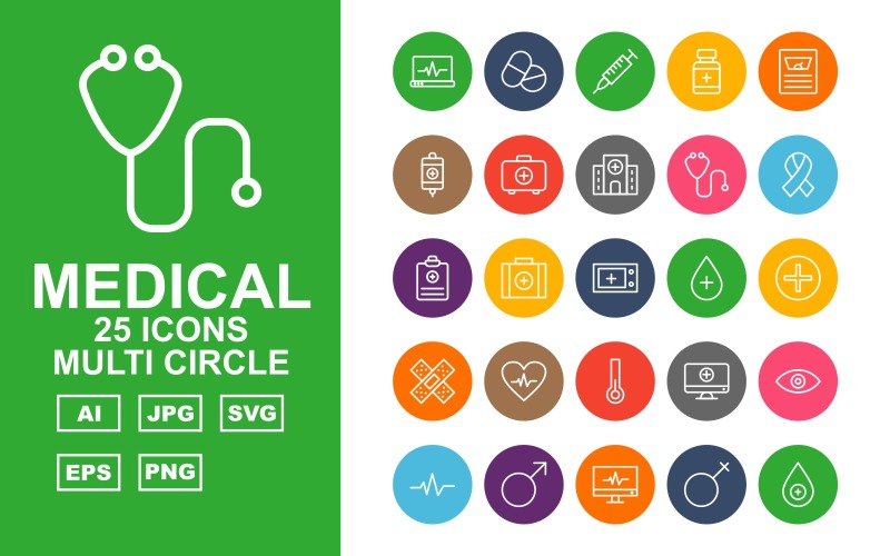 25 Conjunto de iconos de paquete de múltiples círculos médicos premium