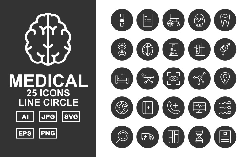 Ensemble d'icônes 25 Premium Medical Line Circle Pack