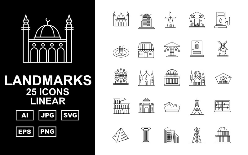 Ensemble d'icônes linéaires de 25 bâtiments et monuments de qualité supérieure