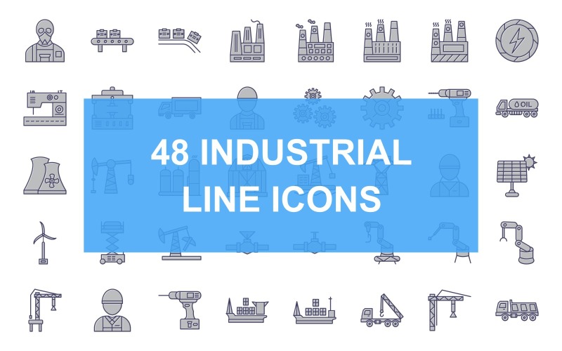 Download Набор иконок "48 Industrial Process Line Filled Icon Set" / 48 Industrial Process Line Filled Icon Set - Набор иконок на тему industrial gas mask,tester,industry worker,moving truck,wagon,oil barrel,tank wagon,lifter crane,conveyor,industry,factory,electric current,machine,machine press,truck,multiple cogwheels,cogwheel,drill,