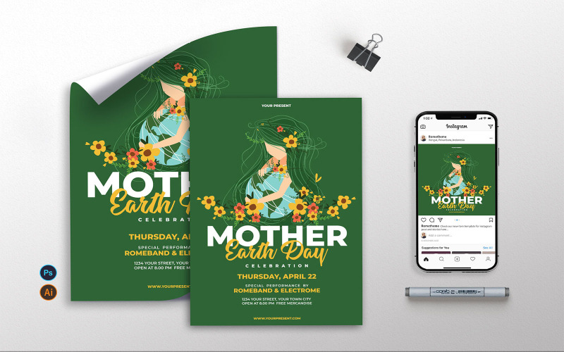 Download Фирменный стиль "Mother Earth Day - Flyer, Poster, Instagram AS - Corporate Identity Template" / Mother Earth Day - Flyer, Poster, Instagram AS - Corporate Identity Template - Фирменный стиль на тему графика mother,earth,world,nature,sustainable,graphic,print,party,celebration,health,simple,woman,floral,girls,green,flyer,poster