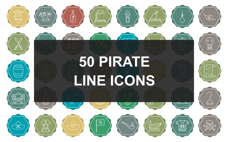 Download Набор иконок "50 Pirate Line With Multicolor Background Icon Set" / 50 Pirate Line With Multicolor Background Icon Set - Набор иконок на тему military pirate in hat,pirate with smoking pipe,male pirate,female pirate,pirate bandana,life saving tube,telescope,cannon balls,castle,island,scroll in bottle,dolphin,torch,bottle in water,noose,eye 