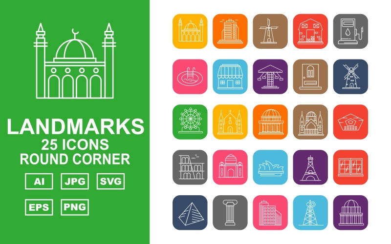 25 премиальных зданий и достопримечательностей с круглым углом - набор иконок
