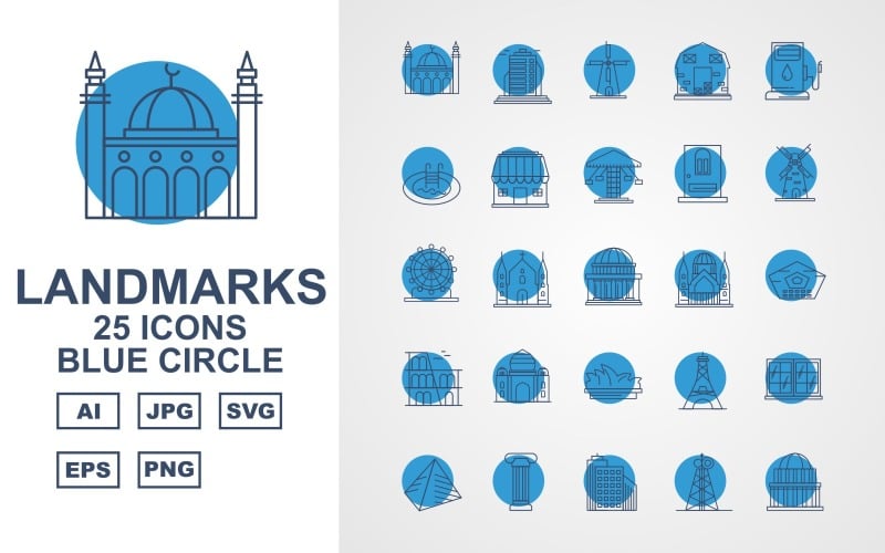 25 Premium Building & Landmarks Blue Circle Pack Iconset