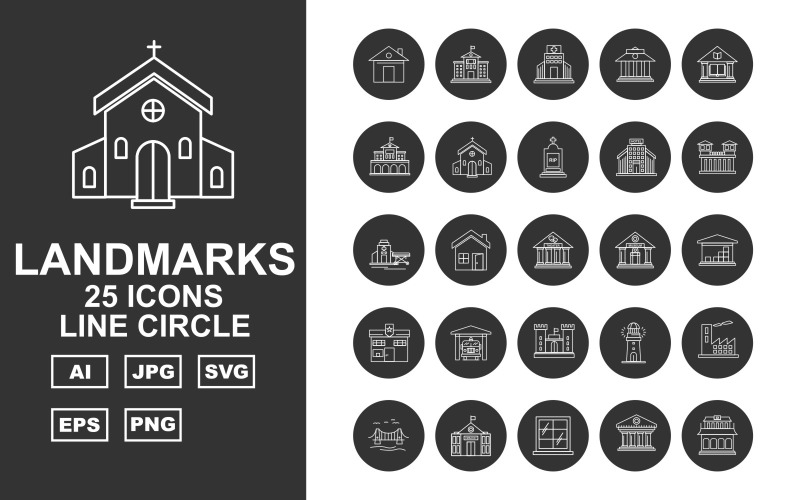 Download Набор иконок "25 Premium Building &amp; Landmarks Line Circle Pack Icon Set" / 25 Premium Building &amp; Landmarks Line Circle Pack Icon Set - Набор иконок на тему финансы home,window,door,column,building,tower,government,school,hospital,bank,library,university,church,cemetry,hotel,prison,emergency clinic,theater,museum,warehouse