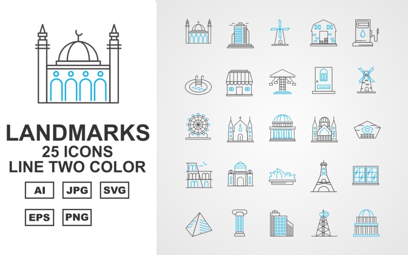 25 Premium Building & Landmarks Line Two Color Icon Set