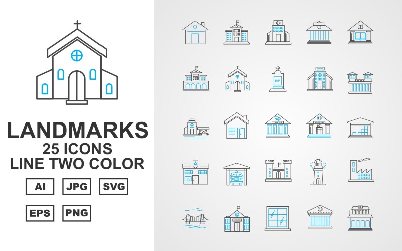 Download Набор иконок "25 Premium Building &amp; Landmarks Line Two Color Pack Icon Set" / 25 Premium Building &amp; Landmarks Line Two Color Pack Icon Set - Набор иконок на тему финансы home,window,door,column,building,tower,government,school,hospital,bank,library,university,church,cemetry,hotel,prison,emergency clinic,theater,museum,warehouse