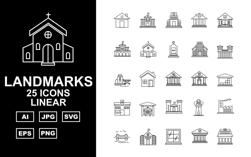 Download Набор иконок "25 Premium Building &amp; Landmarks Linear Pack Icon Set" / 25 Premium Building &amp; Landmarks Linear Pack Icon Set - Набор иконок на тему финансы home,window,door,column,building,tower,government,school,hospital,bank,library,university,church,cemetry,hotel,prison,emergency clinic,theater,museum,warehouse