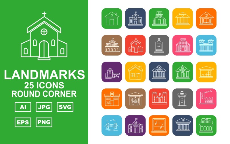 Download Набор иконок "25 Premium Building &amp; Landmarks Round Corner Icon Set" / 25 Premium Building &amp; Landmarks Round Corner Icon Set - Набор иконок на тему финансы home,window,door,column,building,tower,government,school,hospital,bank,library,university,church,cemetry,hotel,prison,emergency clinic,theater,museum,warehouse