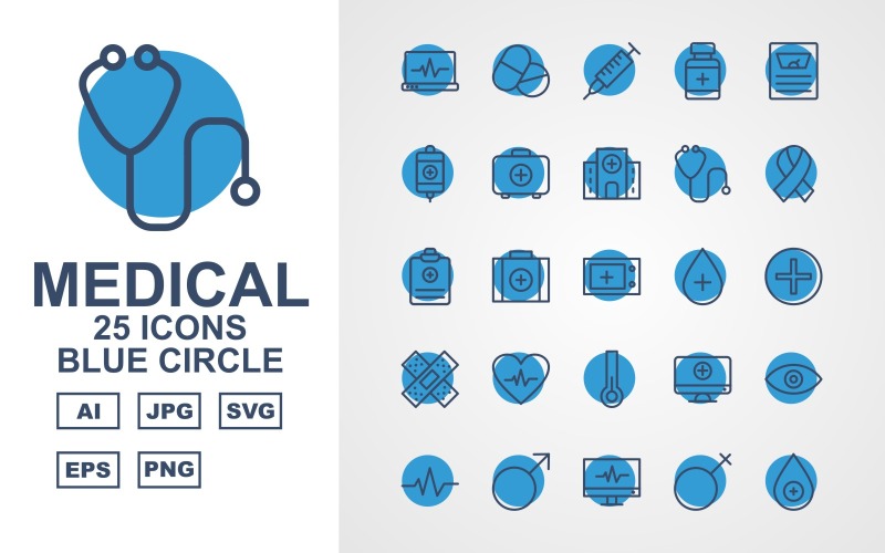 Download Набор иконок "25 Premium Medical Blue Circle Icon Set" / 25 Premium Medical Blue Circle Icon Set - Набор иконок на тему medical online check up,medical box,monitor,lab,birth,ambulance,tup test,dna,report,medicine,injection,medical bottle,weight,infuse,medical bag,hospital building,stethoscope,women cancer,medical repo