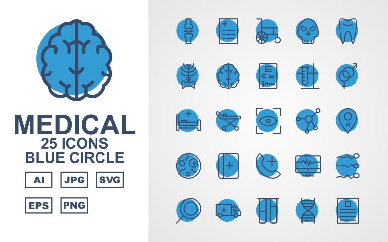 Download Набор иконок "25 Premium Medical Blue Circle Pack Icon Set" / 25 Premium Medical Blue Circle Pack Icon Set - Набор иконок на тему medical online check up,medical box,monitor,lab,birth,ambulance,tup test,dna,report,medicine,injection,medical bottle,weight,infuse,medical bag,hospital building,stethoscope,women cancer,medical repo