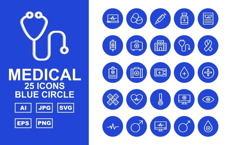 Download Набор иконок "25 Premium Medical Blue Circle Pack Icon Set" / 25 Premium Medical Blue Circle Pack Icon Set - Набор иконок на тему medical online check up,medical box,monitor,lab,birth,ambulance,tup test,dna,report,medicine,injection,medical bottle,weight,infuse,medical bag,hospital building,stethoscope,women cancer,medical repo
