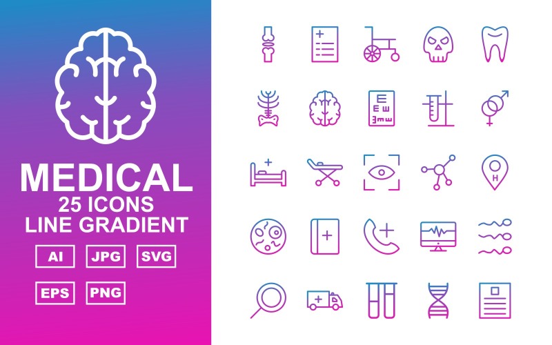 Download Набор иконок "25 Premium Medical Line Gradient Pack Icon Set" / 25 Premium Medical Line Gradient Pack Icon Set - Набор иконок на тему medical online check up,medical box,monitor,lab,birth,ambulance,tup test,dna,report,medicine,injection,medical bottle,weight,infuse,medical bag,hospital building,stethoscope,women cancer,medical repo