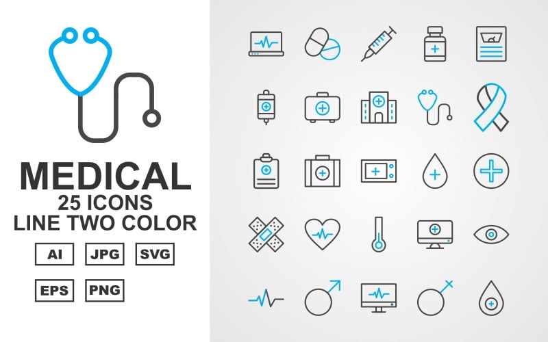 Download Набор иконок "25 Premium Medical Line Two Color Icon Set" / 25 Premium Medical Line Two Color Icon Set - Набор иконок на тему medical online check up,medical box,monitor,lab,birth,ambulance,tup test,dna,report,medicine,injection,medical bottle,weight,infuse,medical bag,hospital building,stethoscope,women cancer,medical repo