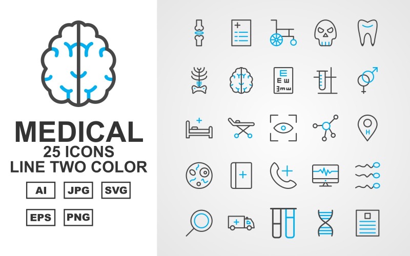 Download Набор иконок "25 Premium Medical Line Two Color Pack Icon Set" / 25 Premium Medical Line Two Color Pack Icon Set - Набор иконок на тему medical online check up,medical box,monitor,lab,birth,ambulance,tup test,dna,report,medicine,injection,medical bottle,weight,infuse,medical bag,hospital building,stethoscope,women cancer,medical repo