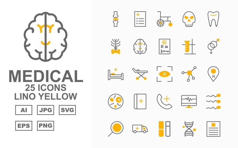 Download Набор иконок "25 Premium Medical Lino Yellow Icon Set" / 25 Premium Medical Lino Yellow Icon Set - Набор иконок на тему medical online check up,medical box,monitor,lab,birth,ambulance,tup test,dna,report,medicine,injection,medical bottle,weight,infuse,medical bag,hospital building,stethoscope,women cancer,medical repo