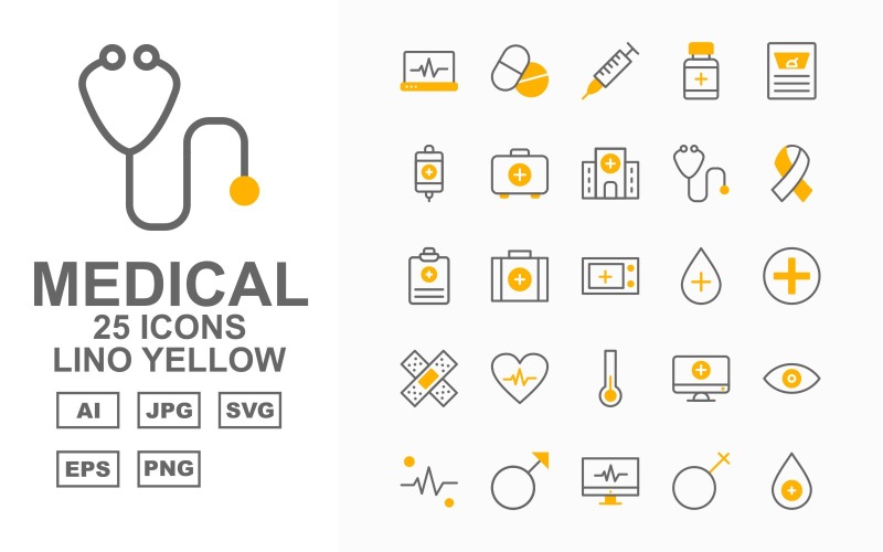 Download Набор иконок "25 Premium Medical Lino Yellow Pack Icon Set" / 25 Premium Medical Lino Yellow Pack Icon Set - Набор иконок на тему medical online check up,medical box,monitor,lab,birth,ambulance,tup test,dna,report,medicine,injection,medical bottle,weight,infuse,medical bag,hospital building,stethoscope,women cancer,medical repo