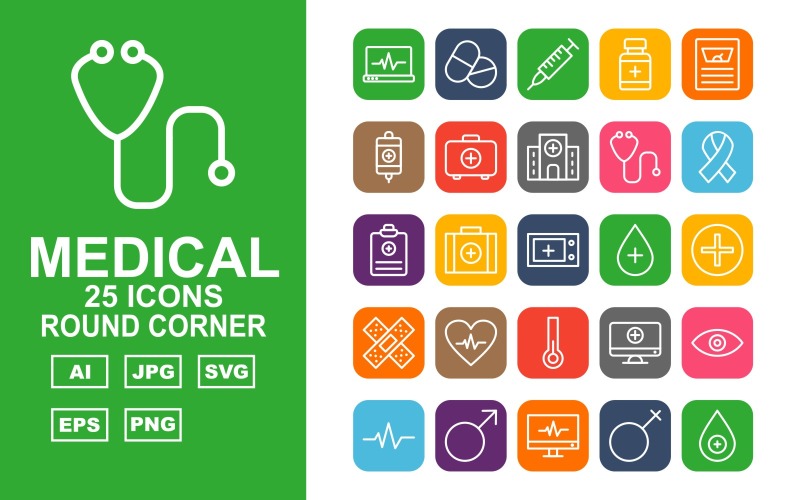 Download Набор иконок "25 Premium Medical Round Corner Icon Set" / 25 Premium Medical Round Corner Icon Set - Набор иконок на тему medical online check up,medical box,monitor,lab,birth,ambulance,tup test,dna,report,medicine,injection,medical bottle,weight,infuse,medical bag,hospital building,stethoscope,women cancer,medical repo