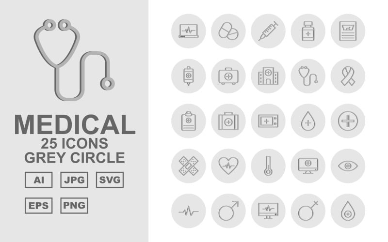 25 premium medische grijze cirkel pack icon set