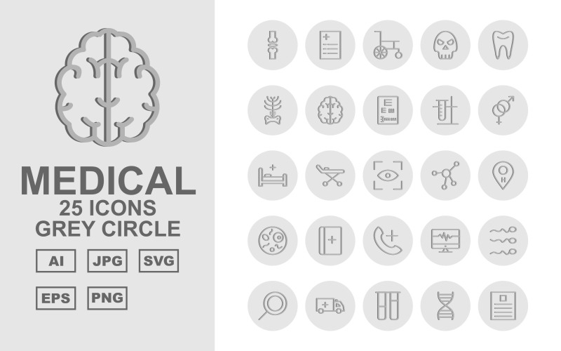 25 premium medische grijze cirkel pictogramserie