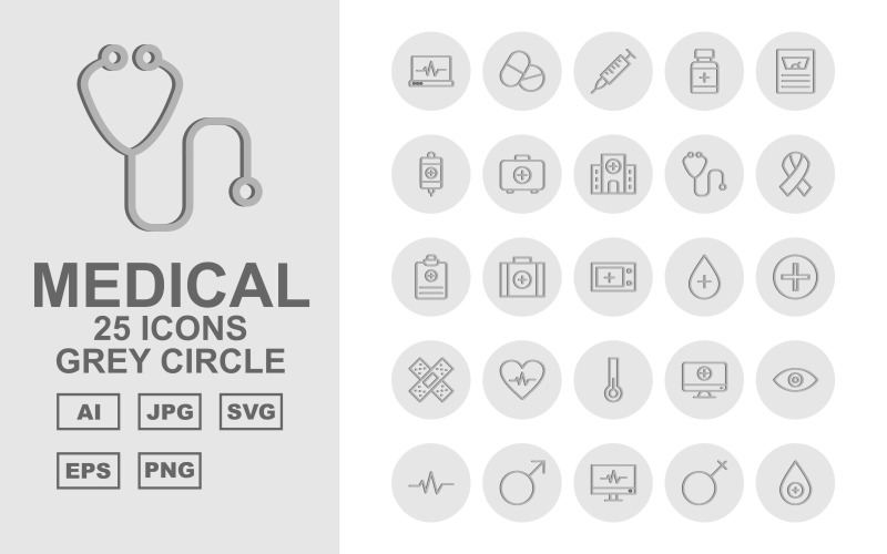 25 prémium orvosi szürke kör csomag ikon készlet