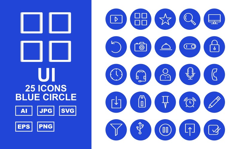 Download Набор иконок "25 Premium UI Blue Circle Pack Icon Set" / 25 Premium UI Blue Circle Pack Icon Set - Набор иконок на тему data play,help,pause,comment,stop,printe,rewind,compass,menu,bookmark,search,monitor,restart,camera,dish,toggle,lock,clock,man,record