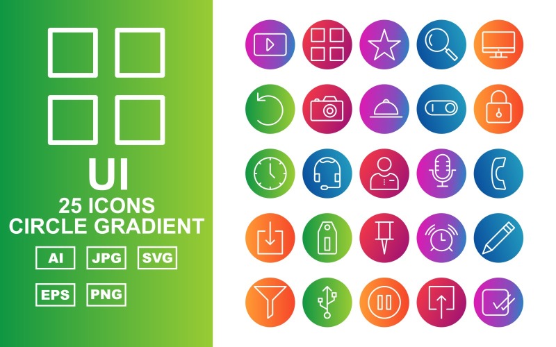 Download Набор иконок "25 Premium UI Circle Gradient Pack Icon Set" / 25 Premium UI Circle Gradient Pack Icon Set - Набор иконок на тему data play,help,pause,comment,stop,printe,rewind,compass,menu,bookmark,search,monitor,restart,camera,dish,toggle,lock,clock,man,record