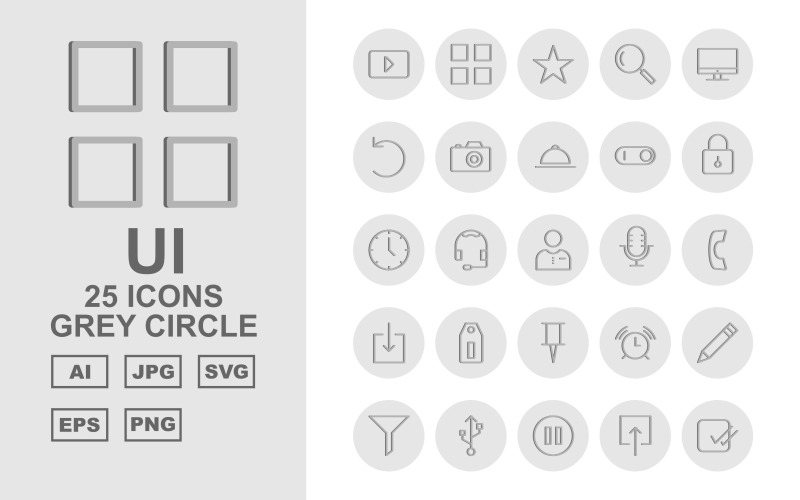 Download Набор иконок "25 Premium UI Grey Circle Icon Set" / 25 Premium UI Grey Circle Icon Set - Набор иконок на тему data play,help,pause,comment,stop,printe,rewind,compass,menu,bookmark,search,monitor,restart,camera,dish,toggle,lock,clock,man,record