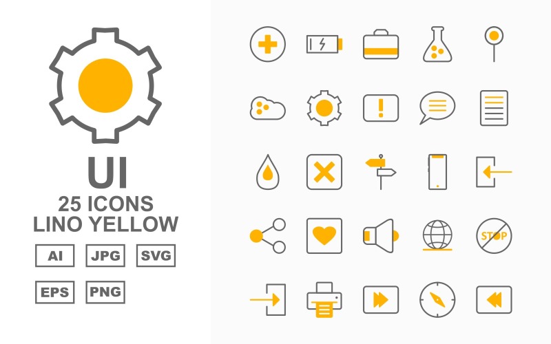Download Набор иконок "25 Premium UI Lino Yellow Icon Set" / 25 Premium UI Lino Yellow Icon Set - Набор иконок на тему data play,help,pause,comment,stop,printe,rewind,compass,menu,bookmark,search,monitor,restart,camera,dish,toggle,lock,clock,man,record