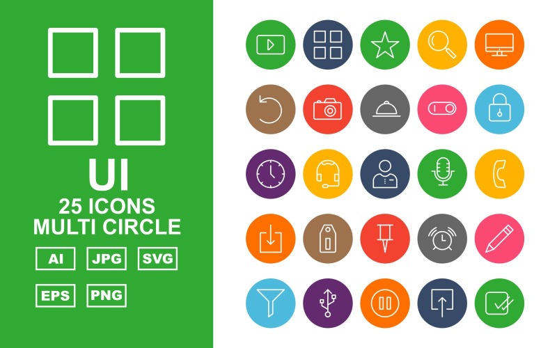 Download Набор иконок "25 Premium UI Multi Circle Pack Icon Set" / 25 Premium UI Multi Circle Pack Icon Set - Набор иконок на тему data play,help,pause,comment,stop,printe,rewind,compass,menu,bookmark,search,monitor,restart,camera,dish,toggle,lock,clock,man,record