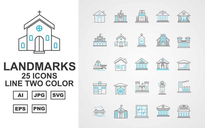 25 Set di icone Premium Building & Landmark Line Two Color Pack