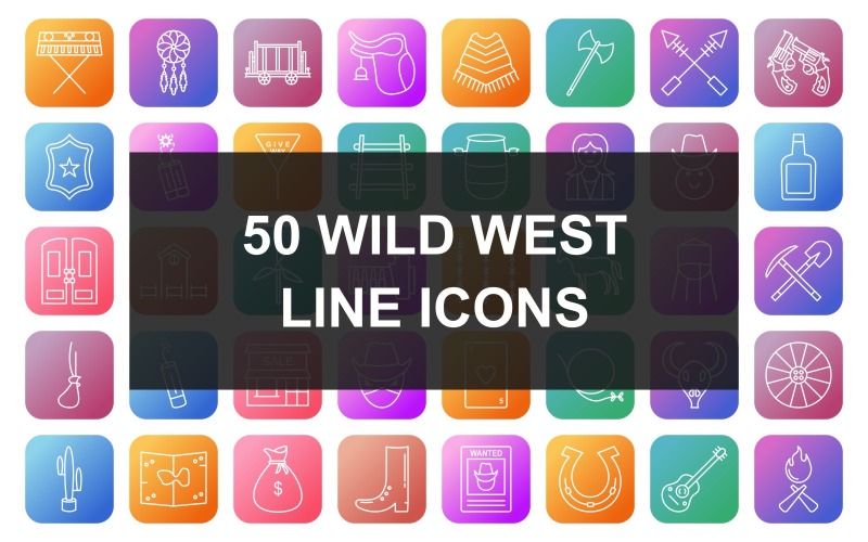 50 Wild West Line Square Round Gradient Icon Set