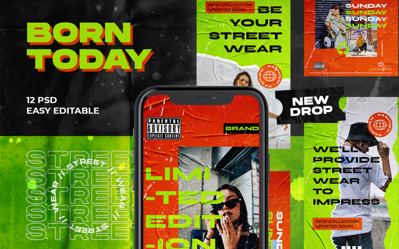 Download Шаблон для соцсетей "Born Today Instagram PSD Social Media Template" / Born Today Instagram PSD Social Media Template - Шаблон для соцсетей на тему графика instagram,instagram template,template,instagram posts,instagram stories,social media,social media templates,fashion,street wear,dope,dark,neon,urban,urbanism,facebook,twitter,banner,christmas