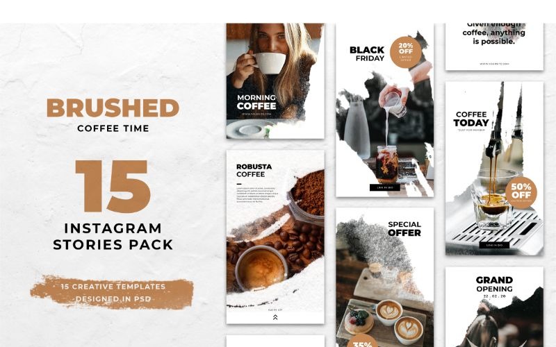 Download Шаблон для соцсетей "Instagram Stories Brushed Coffee Time Social Media Template" / Instagram Stories Brushed Coffee Time Social Media Template - Шаблон для соцсетей на тему графика adobe photoshop,banner,brand,instagram,lifestyle,online,posts,social media,stories,style,template,trendy