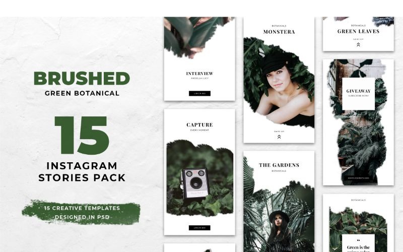 Download Шаблон для соцсетей "Instagram Stories Brushed Green Botanical Social Media Template" / Instagram Stories Brushed Green Botanical Social Media Template - Шаблон для соцсетей на тему графика adobe photoshop,banner,brand,instagram,lifestyle,online,posts,social media,stories,style,template,trendy