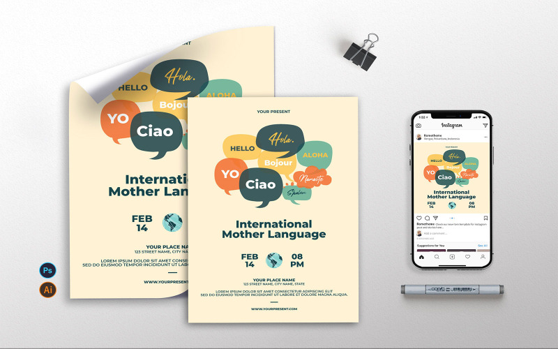 Download Фирменный стиль "International Mother Language Day - Flyer, Poster, Instagram AS" / International Mother Language Day - Flyer, Poster, Instagram AS - Фирменный стиль на тему графика mother,language,day,world,sustainable,graphic,print,party,celebration,word,simple,woman,girls,clean,international