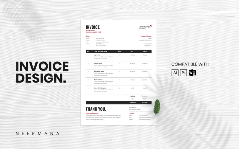 Download Фирменный стиль "Invoice - Professional and Clean Design - Corporate Identity Template" / Invoice - Professional and Clean Design - Corporate Identity Template - Фирменный стиль на тему графика invoice,template,generator,simple,word,home,app,accounting,address,business,receipt,blank,builder,financing,seller,buyer,company document,excel,commercial