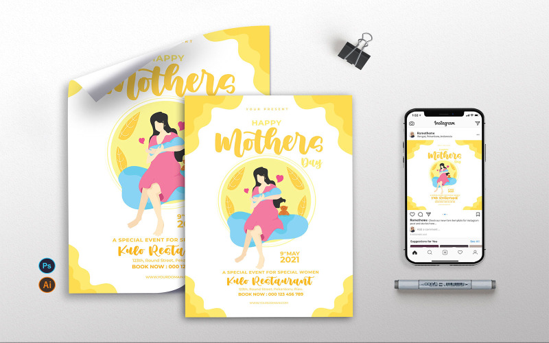 Download Фирменный стиль "Mothers Day vol.01 - Flyer, Poster, Instagram TY - Corporate Identity Template" / Mothers Day vol.01 - Flyer, Poster, Instagram TY - Corporate Identity Template - Фирменный стиль на тему графика mother,day,mothers,flyer,poster,hipster,joy,full colour,yellow,a4,a3,instagram,event,celbration