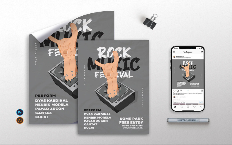 Download Фирменный стиль "Music Festival vol.01 - Flyer, Poster, Instagram TY" / Music Festival vol.01 - Flyer, Poster, Instagram TY - Фирменный стиль на тему графика music,event,rock,fest,festival,band,black,dark,a4,a3,instagram,flyer,poster,invitation,dj