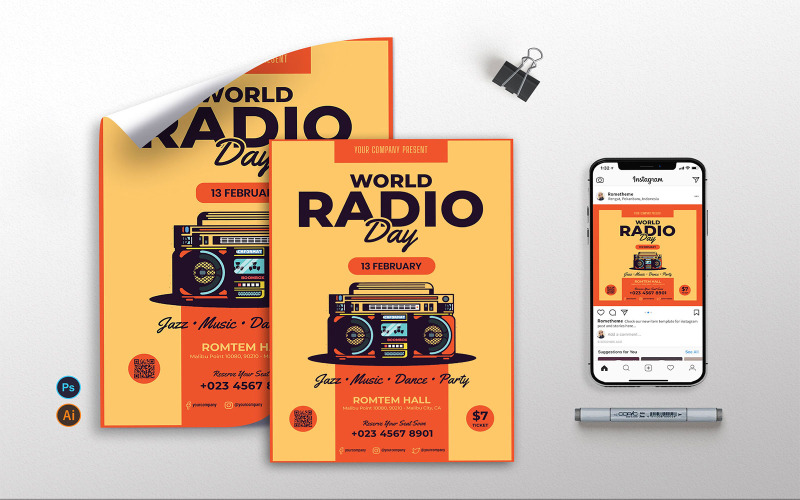 Download Фирменный стиль "World Radio Day vol.01 - Flyer, Poster &amp; Instagram RB" / World Radio Day vol.01 - Flyer, Poster &amp; Instagram RB - Фирменный стиль на тему графика radio,radio day,world,event,party,retro,print,template,flyer,poster,instagram,psd,ai